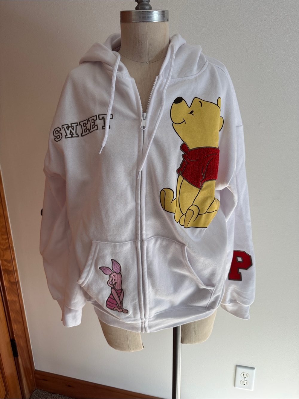Disney White Zip Hoodie with Yellow Winnie the Pooh, Red Accents and Pink Piglet